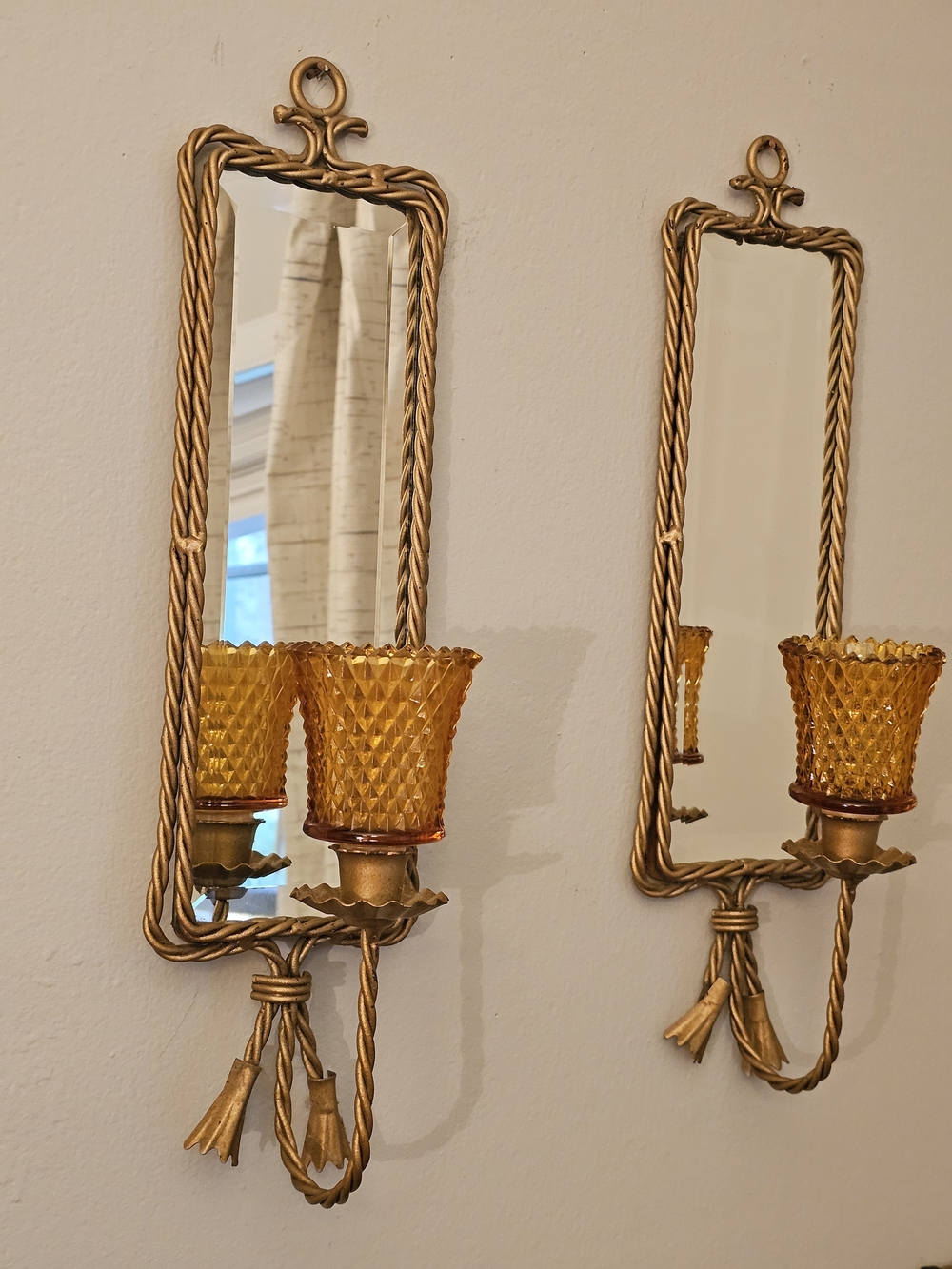 Gold Rope-Frame Wall Sconces with Amber Glass Shades
